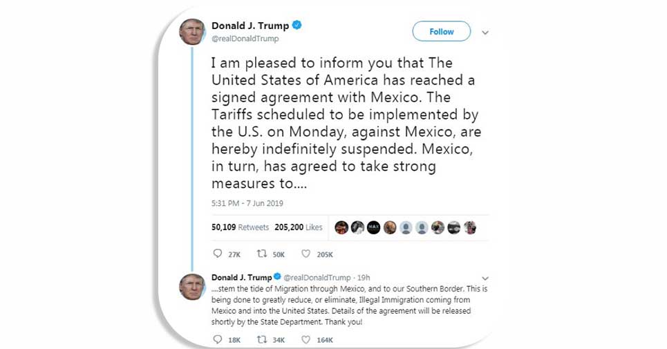 DEAL REACHED: TRUMP CANCELS TARIFFS ON IMPORTS FROM MEXICO